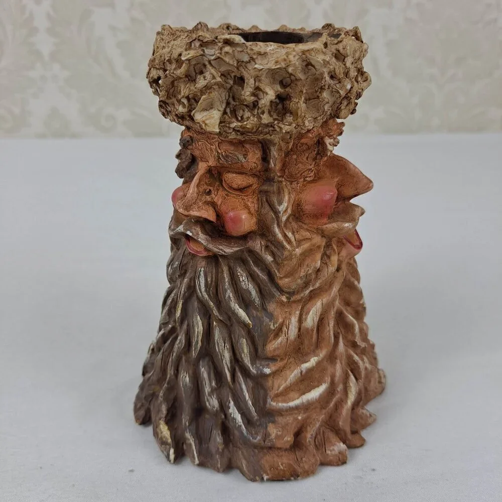 Candleholder 3 Face Santa Primitive Resin Decor Collectible Brown Tan